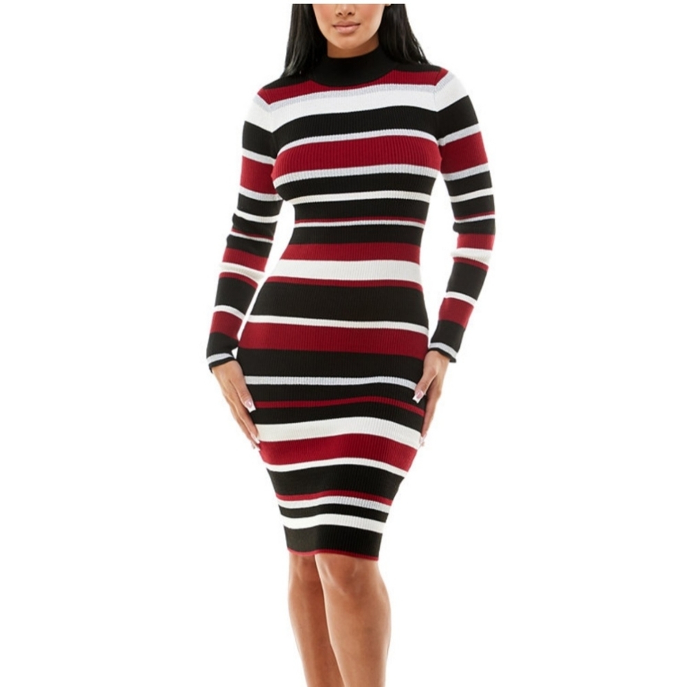 Planet Gold Juniors Striped Mock-Neck Sweater Dress With Lurex